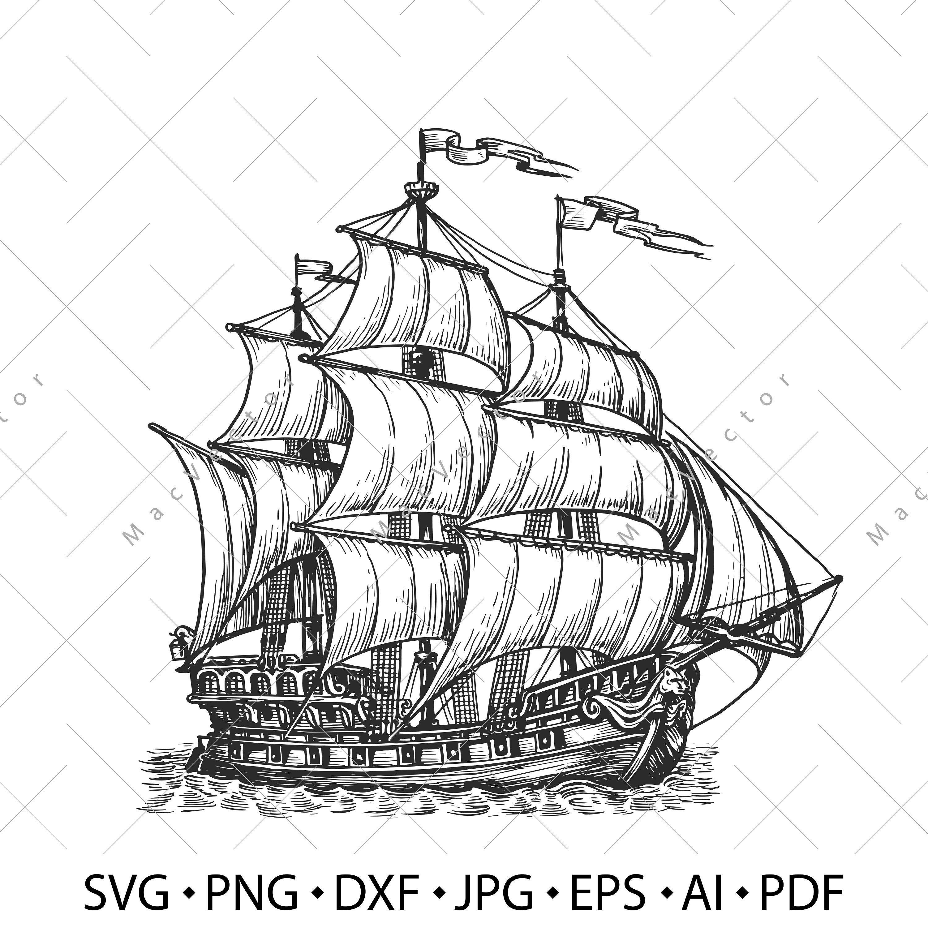 Ship Vector. Ship Vintage Sketch Drawing Clipart. Digital Illustration