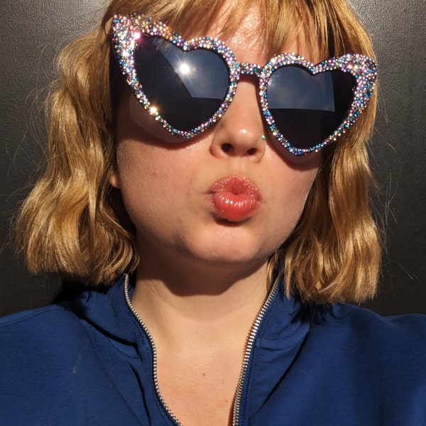 Rainbow Crystal Heart Sparkle Sunglasses / Handmade Shimmer Shades
