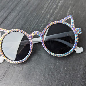 KIDS Purple Rainbow Cat Ear Sparkle Sunglasses, Handmade Girl Rhinestone Shades Gift Baby