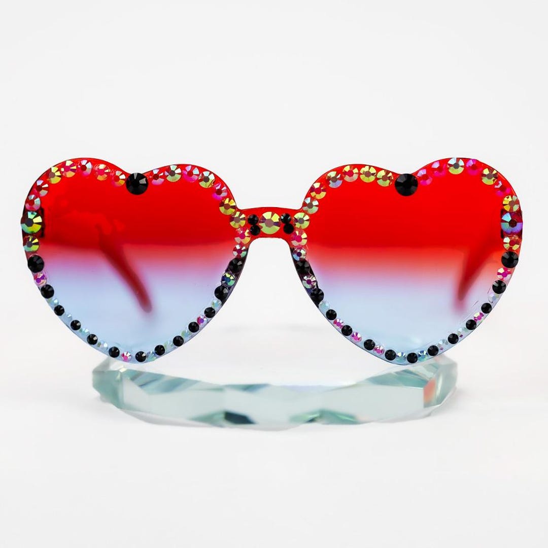 Disco Rainbow Heart Sparkle Sunglasses / Handmade Rhinestone 