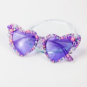 Purple Pearl Heart Sparkle Sunglasses / Handmade Summer Rhinestone Shades