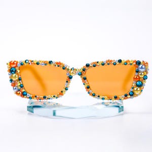 Tropical Pearl & Rhinestone Cat Eye Sparkle Sunglasses / Handmade Bling Shades