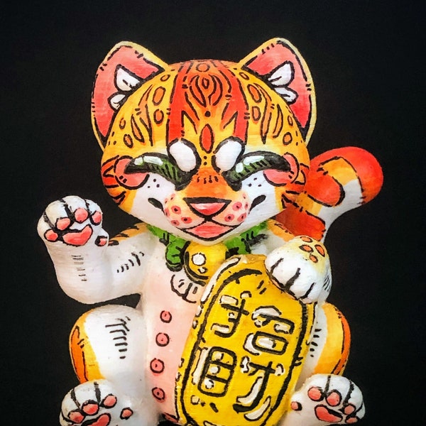 Figurine Maneki-neko Chat Tigré orange - pièce unique artisanale impression 3D peinte à la main - 10cm de hauteur