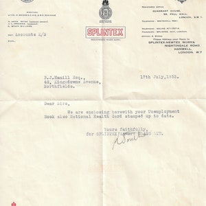 May include: A black and white letterhead with the company name "Splintec Safety Glass Limited" printed in bold black letters. The letter is addressed to B.J. Hamill Esq. at 48 Kingsdowne Avenue, Northfields. The letter is dated 17th July, 1933.