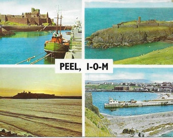 Isla de Man, Inglaterra Vintage Postal, Publicado en 1970, Peel Multiviews, inc Castillo, Puerto, Isla de San Patricio, Postal Británica Usada