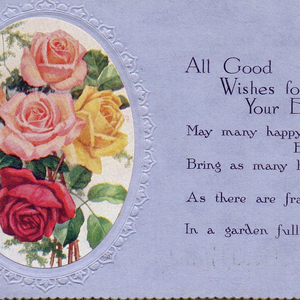 Vintage Postcard, Birthday Greetings, Flowers, Roses, Antique Used Poem Postcard