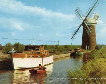 Horsey Staithe and Mill - Norfolk Broads - 1970's Vintage Postcard - England - Used British Postcard - Windmill