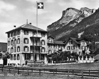 Hotel Engel, Emmetten, Switzerland, Vintage Postcard, Genuine Unused Old Black & White Picture Postcard, Mountains