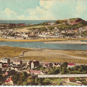 Deganwy e Conway Morfa de Conway Mountain, País de Gales, cartão postal vintage, 1959, cartão postal antigo usado genuíno, cidade galesa