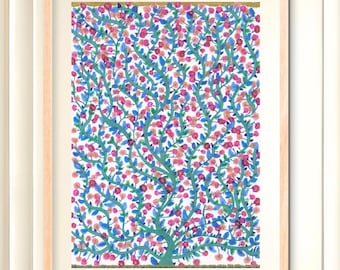 Impressão de arte abstrata para parede – Chuva de árvores em flor | Obra de arte com movimento orgânico e acolhedor