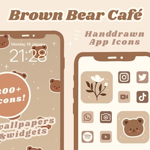 May include: A digital illustration of a phone screen with a brown bear cafe theme. The phone screen shows a brown bear icon, the time 21:28, and the text "Monday, 16 January". The phone screen also shows the text "200+ Icons!" and "+wallpapers &widgets". The phone screen is surrounded by a brown border. The phone screen is on a light brown background. The text "Handdrawn App Icons" is at the top of the image. The text "JuliesIconCafe" is at the bottom right of the image.