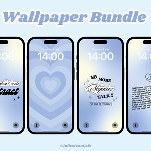 May include: Four phone wallpapers with a blue and white gradient background. The first wallpaper features the text "don't case attract" in a retro font. The second wallpaper has a heart shape in the center. The third wallpaper features the text "NO MORE Negative TALK!!" with the text "BE KIND TO YOURSELF" below. The fourth wallpaper features the text "EVERYTHING HAPPENS FOR A REASON DON'T QUESTION IT ALL THE TIME, STOP OVERTHINKING IT, STOP TRYING TO CONTROL THE DIRECTION YOUR LIFE WANTS TO TAKE YOU IN, JUST LET IT FLOW, LET YOURSELF GO. DON'T BE SCARED OF THE UNKNOWN, OR THE UNCOMFORTABLE TAKE THE PACKING LEAR, TRUST YOUR GUT & OPEN YOUR HEART TO ALL THE POSSIBILITIES THAT LIFE WANTS TO SEND YOUR WAY. IT'S ONLY THE BEGINNING BABY."
