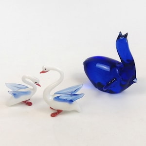 Swans Vintage Colored Glass Swans Miniature Couple Of Swans A Pair Of Swans Blue Thick Glass Swan Collectible Miniatures R-2