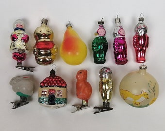 Vintage Glass Christmas Tree Toys Xmas Ornament Retro Decorations Pastry and Fox, Hare, Cat, Vinni-Puch, Spaceman, House, Pear 1950 - 1970