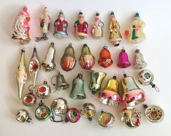 Vintage Glass Christmas Tree Toys Xmas Ornament Retro Decoration Lantern, Santa Claus, Snow Maiden, Bell, Flower Blossoms 1950 - 1970