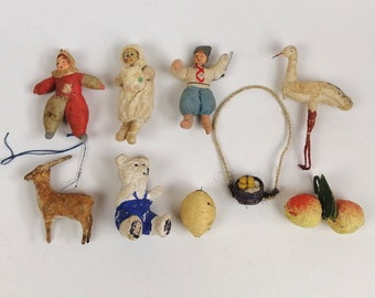 Antiquités Papier mâché, jouets pour arbre de Noël, décoration de Noël, décoration rétro - Chèvre, OURS, fille, garçon, nid d'oiseau, cigogne 1930 - 1940