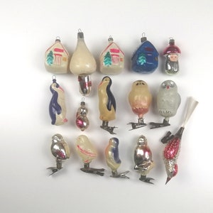 Vintage Glass Christmas Tree Toys Xmas Ornament Retro Decoration - Chick, Bird, Penguin, Owl, House, Castle, Mushroom with face 1950 - 1970