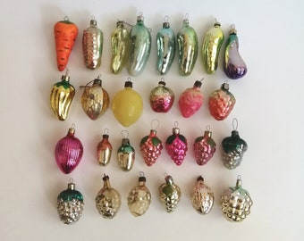 Vintage Glass Christmas Tree Toys Xmas Ornament Retro Decoration Acorn, Fruit, Vegetable, Pepper, Cucumber, Grape, Lemon, Carrot 1950  1970