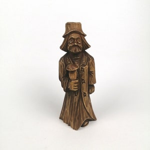 Hand Carved Wooden Man with Mushroom: Rustic Folk Art Sculpture