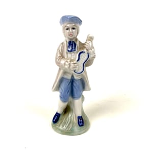 Vintage Hand-Painted Ceramic Musician Figurine: Blue and White, 4.72&quot;
