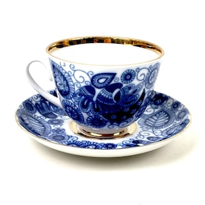 Vintage Lomonosov Porcelain Tea Cup & Saucer: Firebird Design, USSR Era