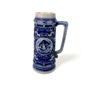 Vintage German Stoneware Beer Stein: 2L Blue Ceramic Tankard
