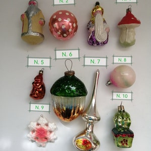 vintage Verre Arbre de Noël Jouets Soviétique URSS Ornement de Noël Rétro Décoration Jouets en verre Chat Père Noël Gland Héros des contes de fées 1960 image 3