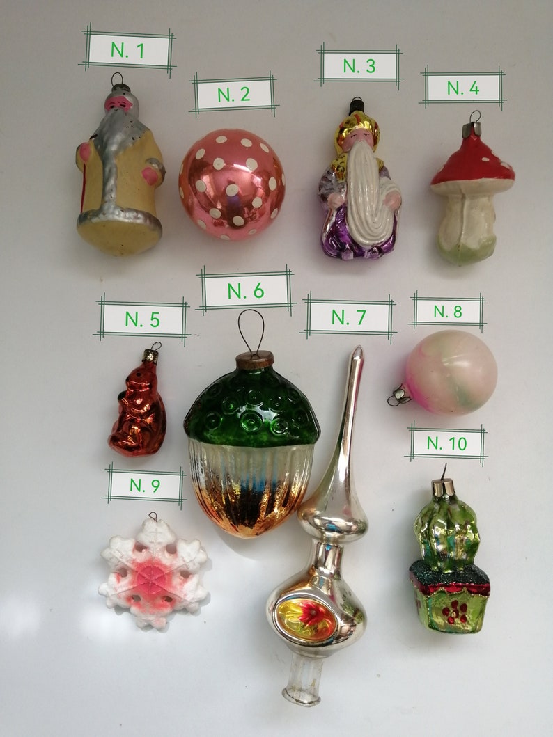 vintage Verre Arbre de Noël Jouets Soviétique URSS Ornement de Noël Rétro Décoration Jouets en verre Chat Père Noël Gland Héros des contes de fées 1960 image 3