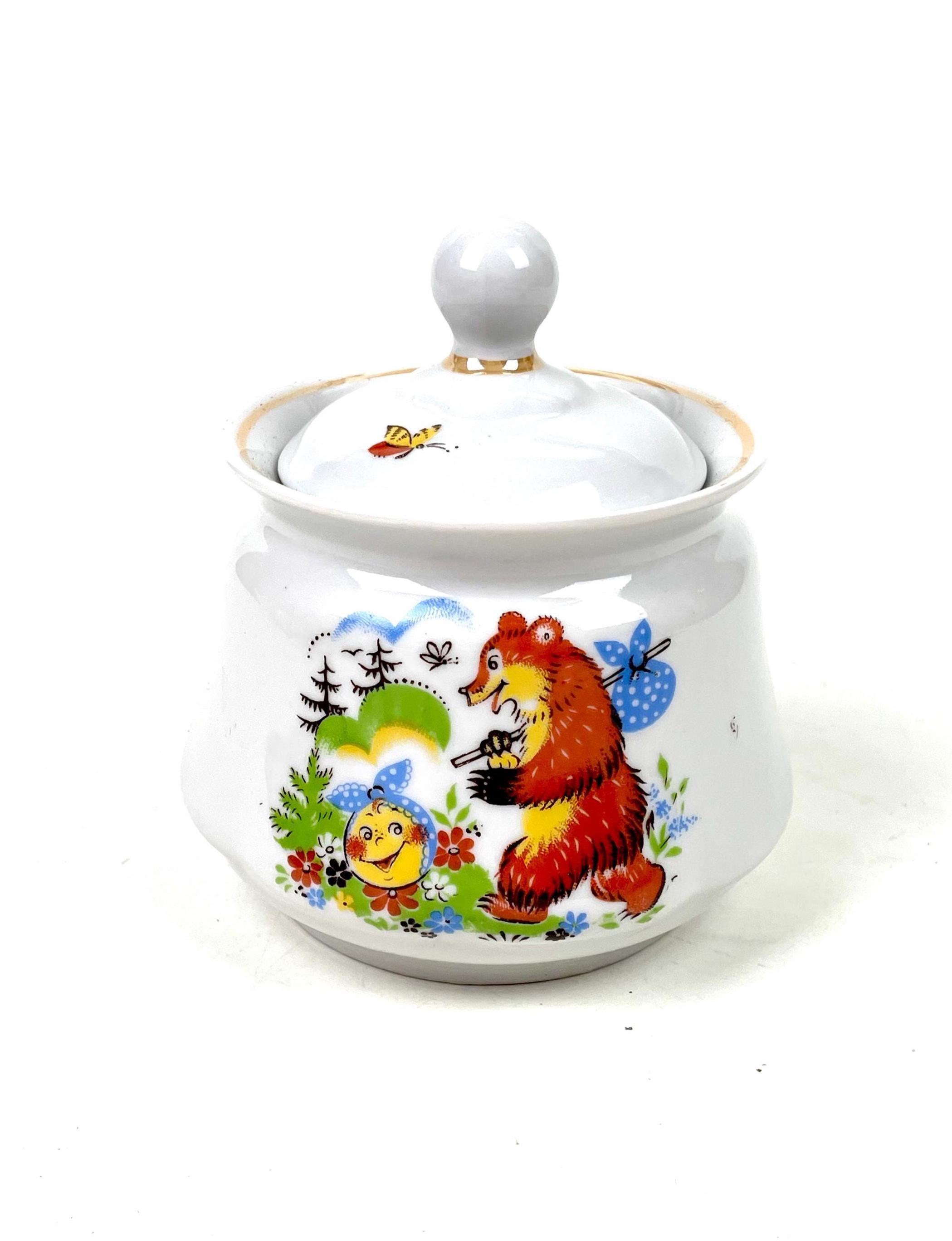 Zuccheriera sovietica vintage con bellissimi bambini, fabbrica di porcellana di Sumy (Summy), URSS 1974 - 1991. Il piccolo panino rotondo / fiaba russ