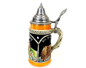 【美品】ジョッキ　ドイツ　金属　置物　インテリア　工芸品　美術品　A3169 ヴィンテージ ゲルツィット ドイツビールジョッキ 高さ9.5インチ 城の