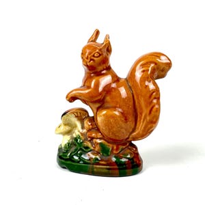 Vintage Ceramic Figurine Squirrel with mushrooms, glazed ceramic, HAND PAINTED Forest/park animal