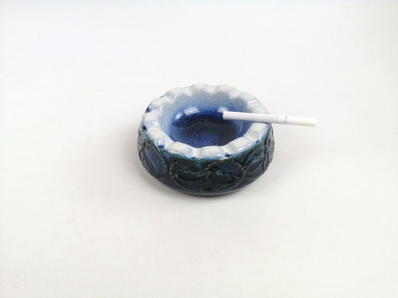 Blue Vintage Glazed Ceramic Ashtray, 1980s–1990s Retro Ashtray