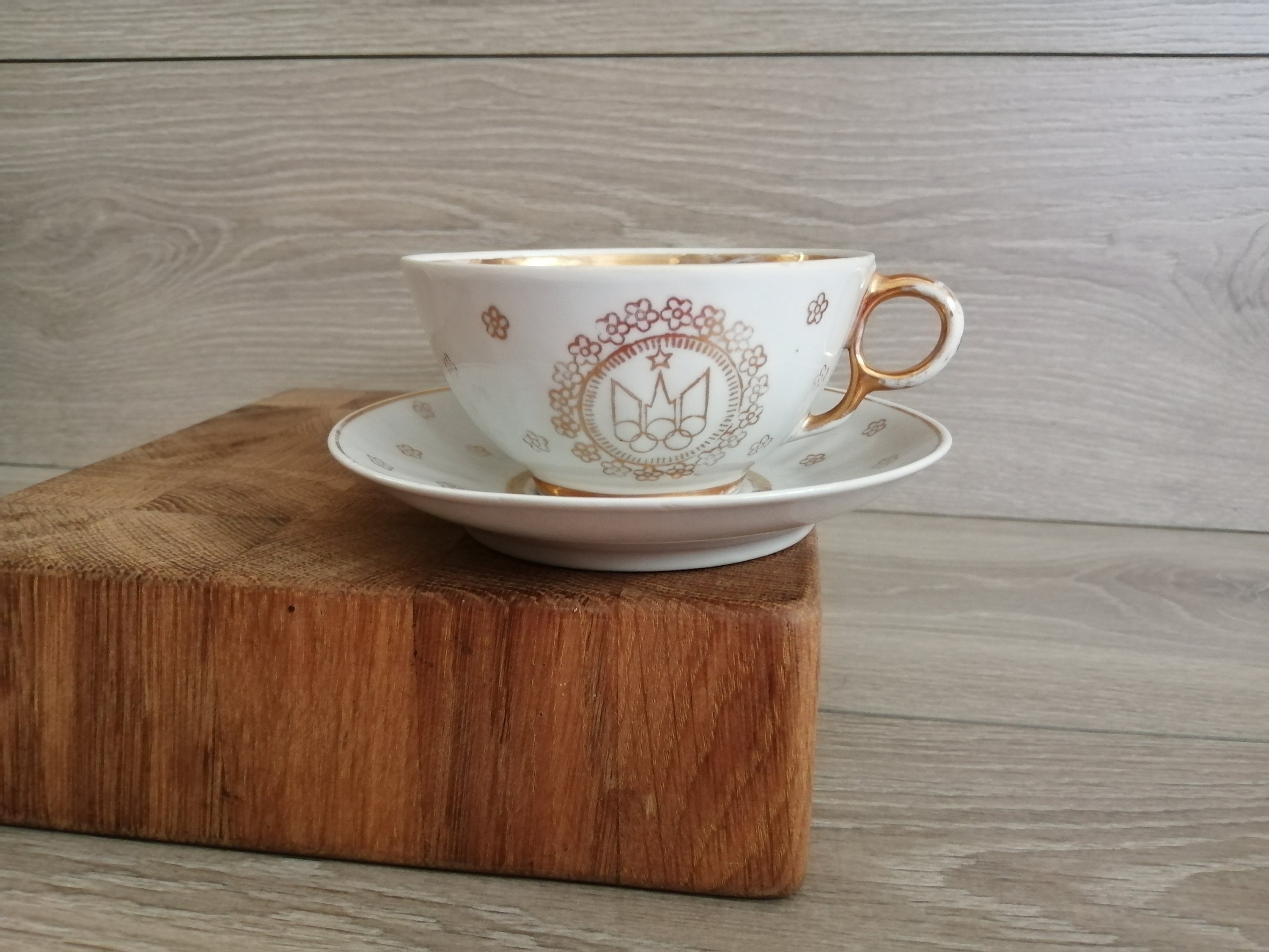 Coffee Cup with Saucer with an Image Mascot of the Summer Olympics in Moscow 1980 USSR Sports Collectible Olympiad 80 Symbol B-G