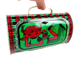 Bolso infantil de hojalata vintage de la URSS de 1970, lonchera con diseño de "Pippi Calzaslargas", artículo de colección de metal raro.