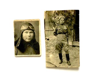 Real Original Vintage USSR Red Army Photo, small size : Soldier 1945, Airplane Pilot 1937