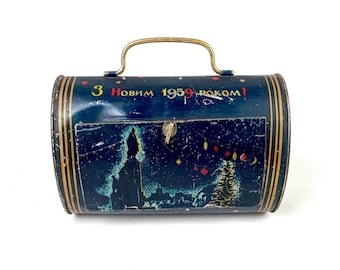 Vintage 1959 USSR Tin Children’s Handbag, Lunch box – Christmas & Fairy-Tale Graphics, Rare Collectible Metal Purse