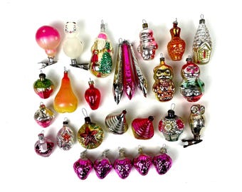Vintage Glass Christmas Ornaments, Retro Xmas Tree Decoration 1960s-80s Red star, Owl, Bear, Santa, Icicle, House, Pitcher, Pear, Strawberry