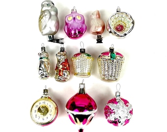 Adornos vintage, adornos de cristal, juguetes para el árbol de Navidad, Navidad, Año Nuevo de la URSS, decoración variada (1950-1970): búho, perro, gato, reloj y cesta de flores.