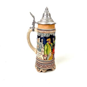 Vintage German Ceramic Beer Stein with Lid: 1970s Pottery Mug