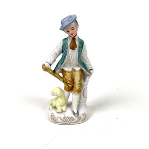 Vintage Colored Ceramic Figurine Herdsman with lamb, HAND PAINTED