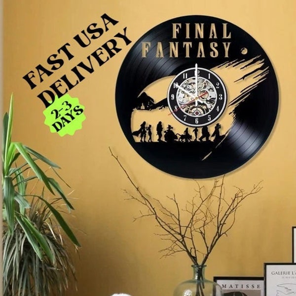 Final Fantasy Vinyl Record Horloge murale 12" | Décor à la maison moderne salle à manger collage enfants salle de jeux | Décoration d'art mural esthétique Anime