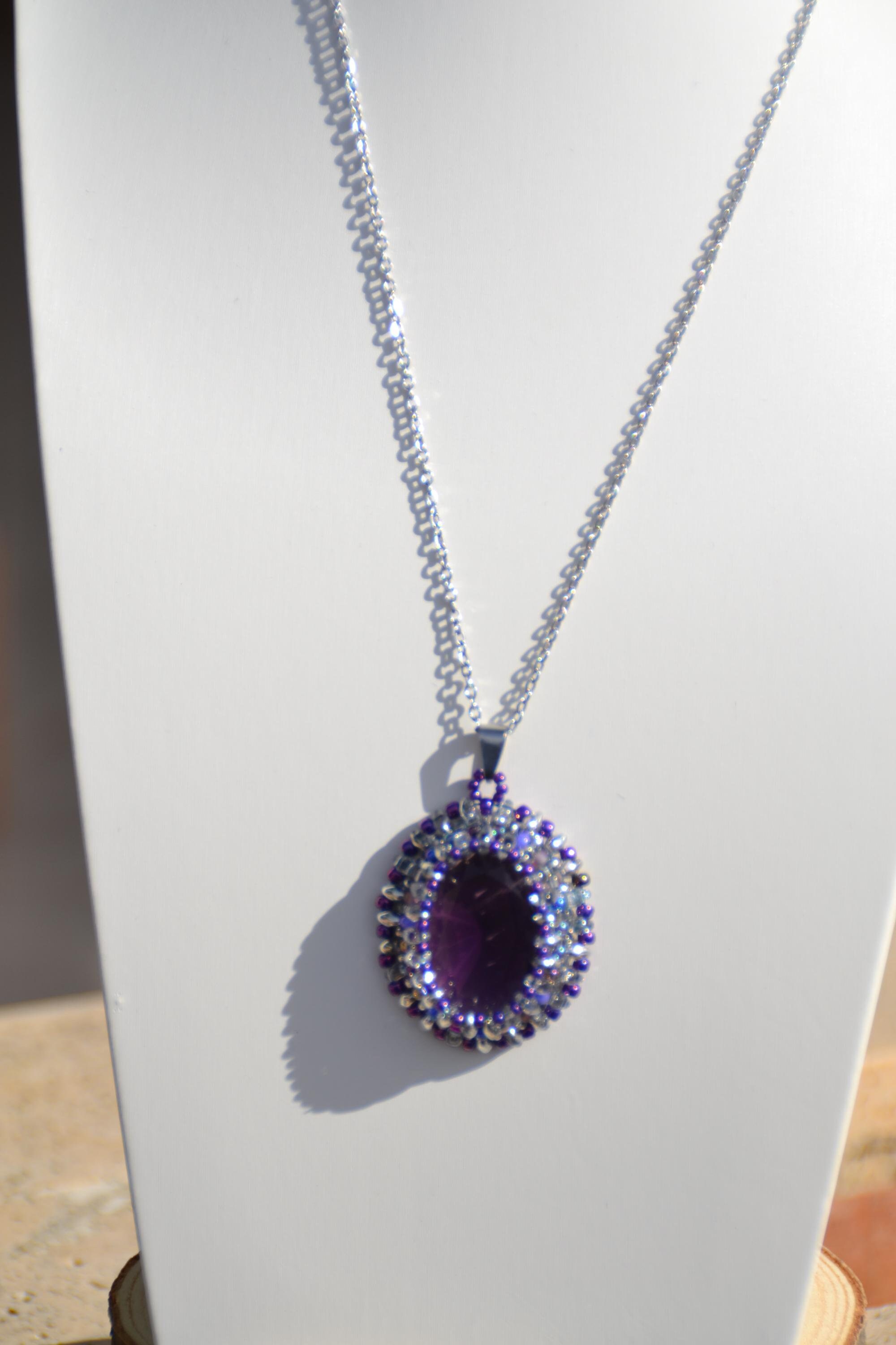 Collier Artisanal Unique En Verre De Murano Et Améthyste, Sur Chaîne Argent Sterling - Style Bohème