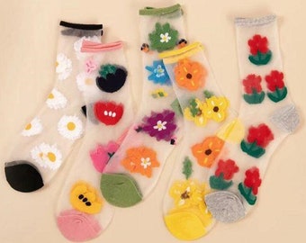 5 Pack Transparent See Through Fashion Flowers Socks, Cute Trendy Women Socks