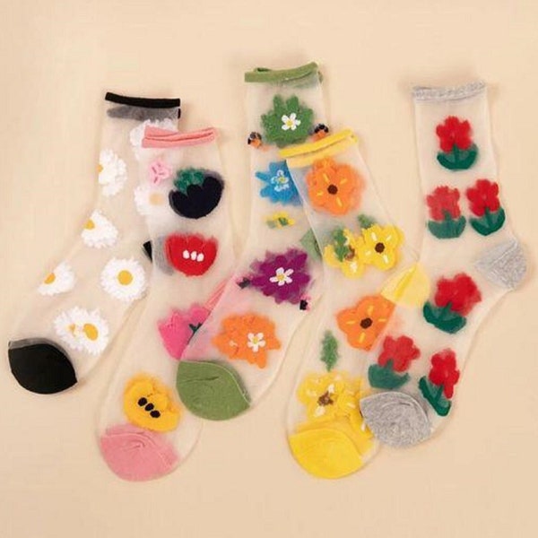5 Pack Transparent See Through Fashion Flowers Socks, Cute Trendy Women Socks