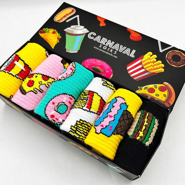 6 Pack Colorful Funny Food Socks Set, Crew Socks, Donut, Pizza, Coke, Hamburger, Chips, Ice Cream