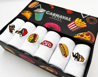 6 Paar Fast Food bestickte Crew Socken, Hamburger, Hot Dog, Pizza, Ramen, Rabokki, Hot Sauce