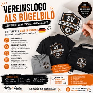 Könnte beinhalten: Ein DTF-Bügelbild mit einem schwarz-weiß-orangen Vereinslogo und dem Text SV MUSTERSTADT 1968. Das Bild zeigt das Logo auf einem schwarzen T-Shirt, einem grauen Kapuzenpullover und einer schwarzen Sporttasche, begleitet von deutschem Text.