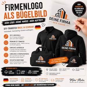 Könnte beinhalten: Ein individueller DTF-Bügeltransfer mit einem schwarz-orangen Logo-Design und dem Text DEINE FIRMA sowie DEIN SLOGAN. Der Transfer ist auf einem schwarzen Poloshirt, einem schwarzen Kapuzenpullover, einer schwarzen Sporttasche und einer schwarzen Kappe zu sehen.