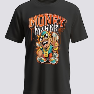 Könnte beinhalten: Schwarzes T-Shirt mit einer Cartoon-Figur, die eine Sonnenbrille, eine goldene Kette und Geldscheine trägt. Der Text "MONEY MAKER" ist in Orange und Weiß dargestellt. Die Figur zeigt das Friedenszeichen.