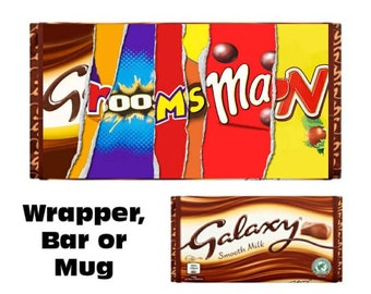 groomsman chocolate bar, wrapper, mug,